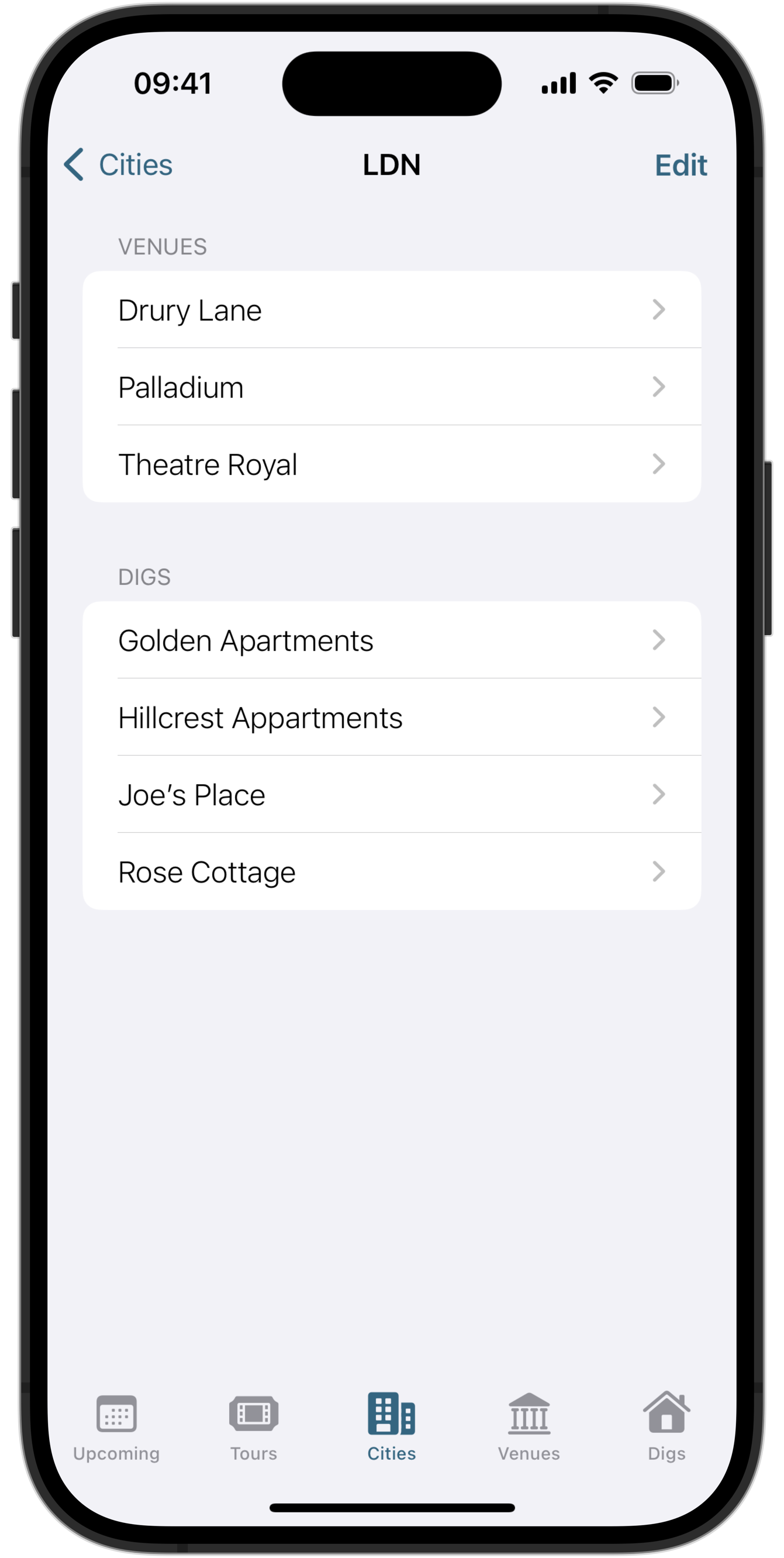 A screenshot of the One Night Only app on the city detail page for London.