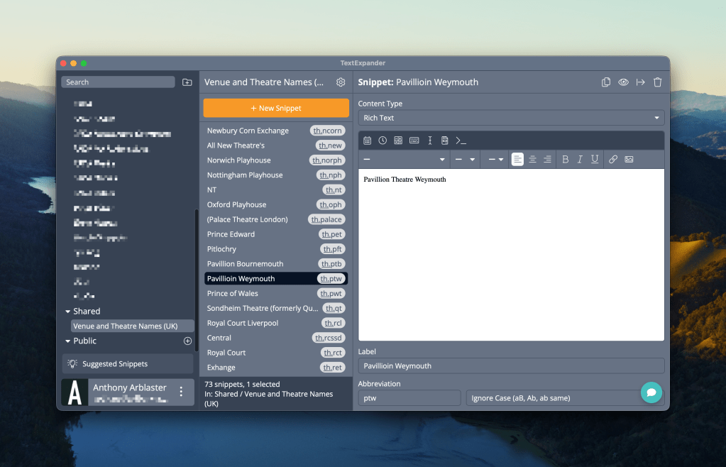 TextExpander: UK Theatres