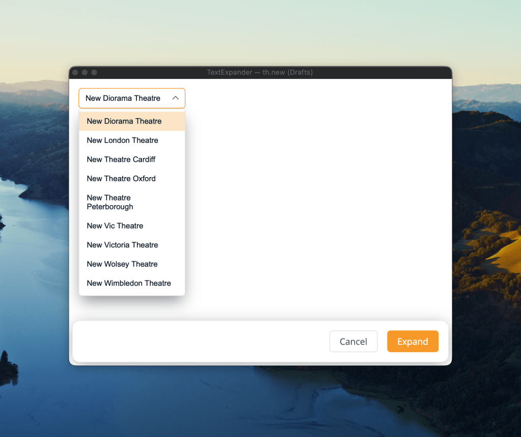 The text expander window listing a pop up of New Theatres